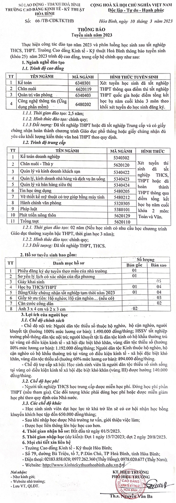 Trường Cao đẳng Kinh tế - Kỹ thuật Hòa Bình - Thông tin tuyển sinh
