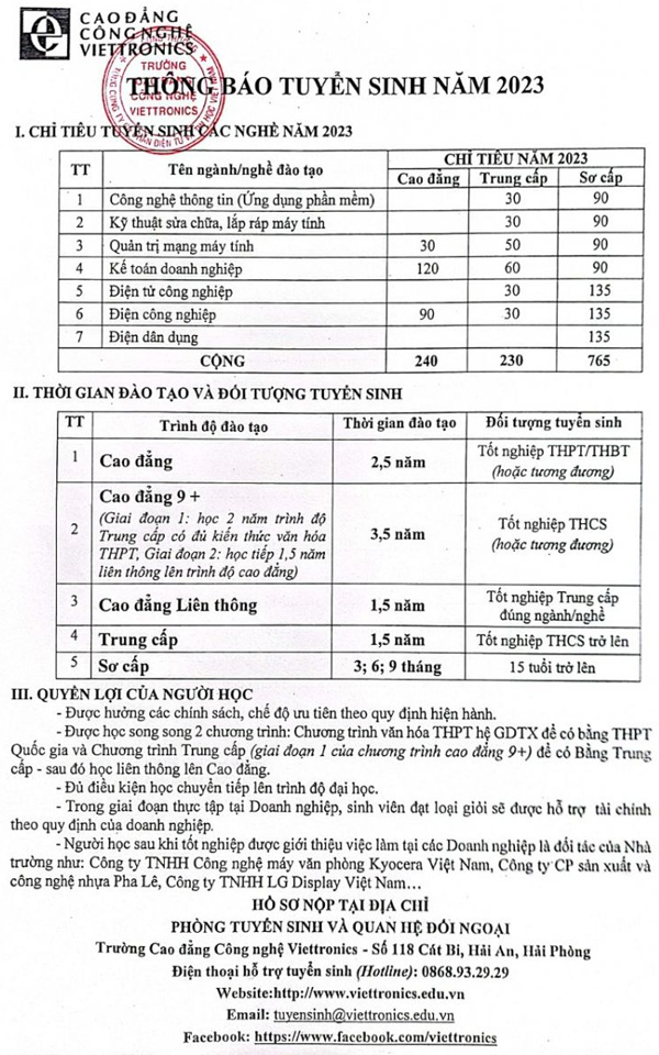 Trường Cao đẳng Công nghệ Viettronics - Thông tin tuyển sinh