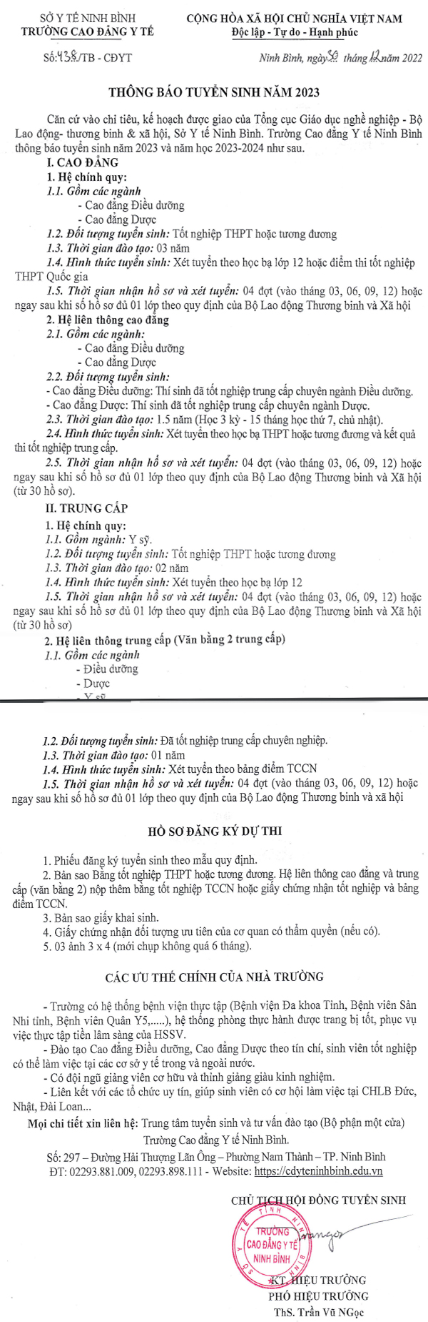 Trường Cao đẳng Y tế Ninh Bình - Thông tin tuyển sinh