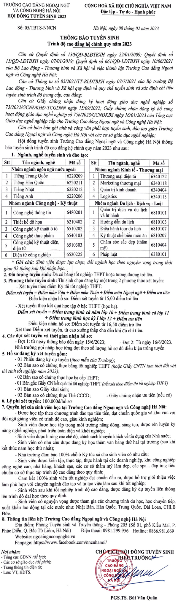 Trường Cao đẳng Ngoại ngữ và Công nghệ Hà Nội - Thông tin tuyển sinh